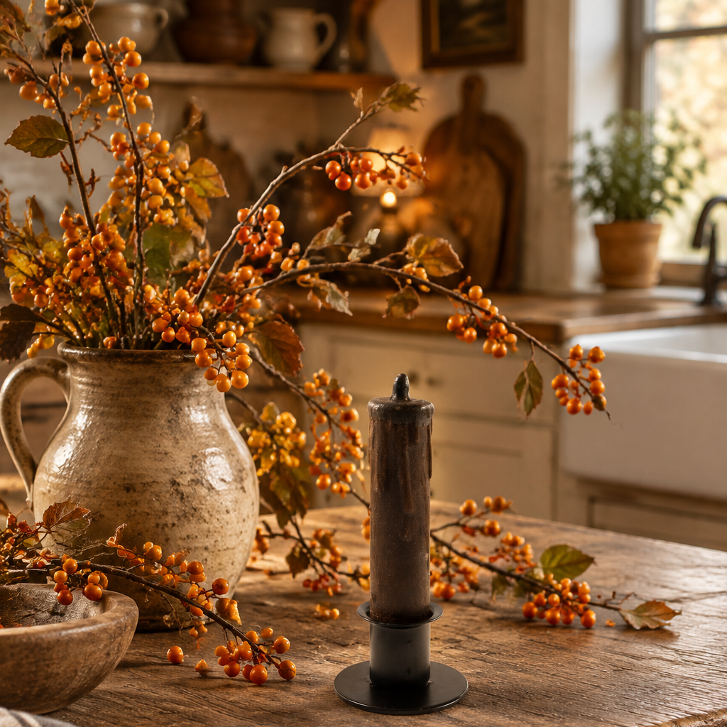 Black nubby candle in candle cup on an antique table with bittersweet in a primitive kitchen.