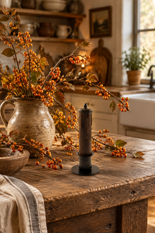 Black nubby candle in candle cup on an antique table with bittersweet in a primitive kitchen.