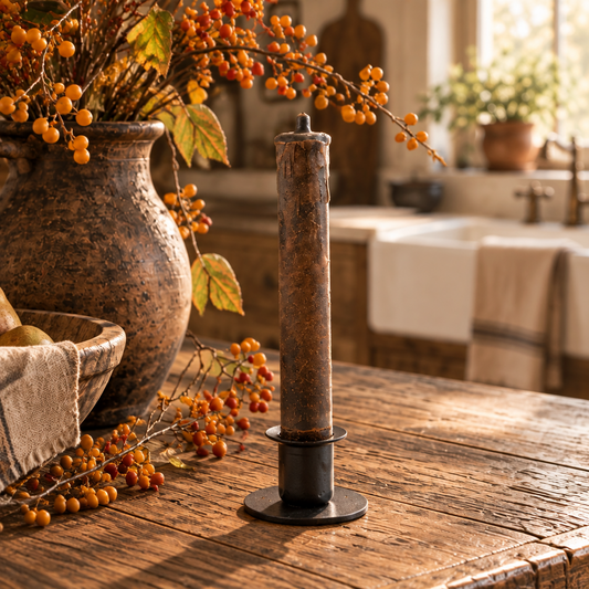 A rustic dark brown taper candle in a black metal holder, set on a wooden table in a warm, sunlit farmhouse kitchen with fall foliage and a large ceramic vase in the background.