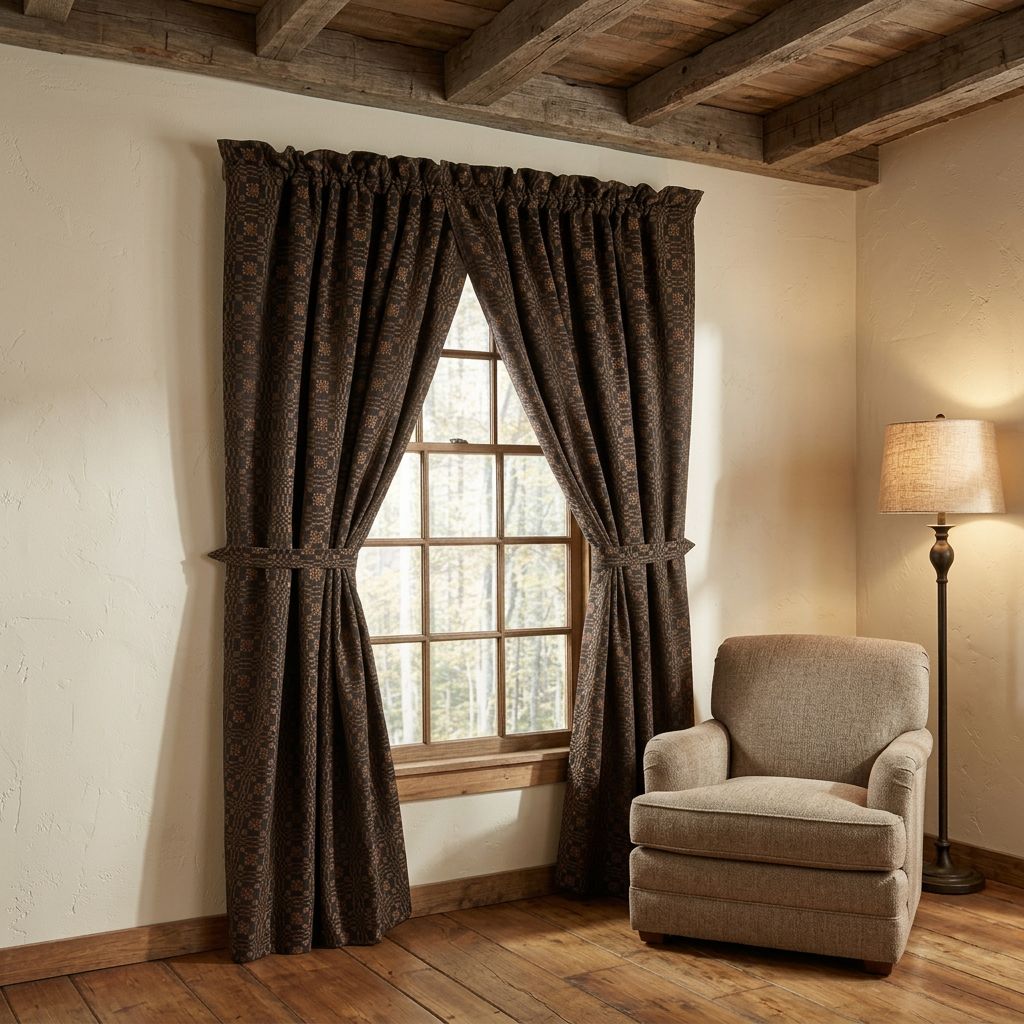 Black and mustard Lover’s Knot jacquard curtain panels with matching tiebacks framing a wooden window beside a beige armchair.