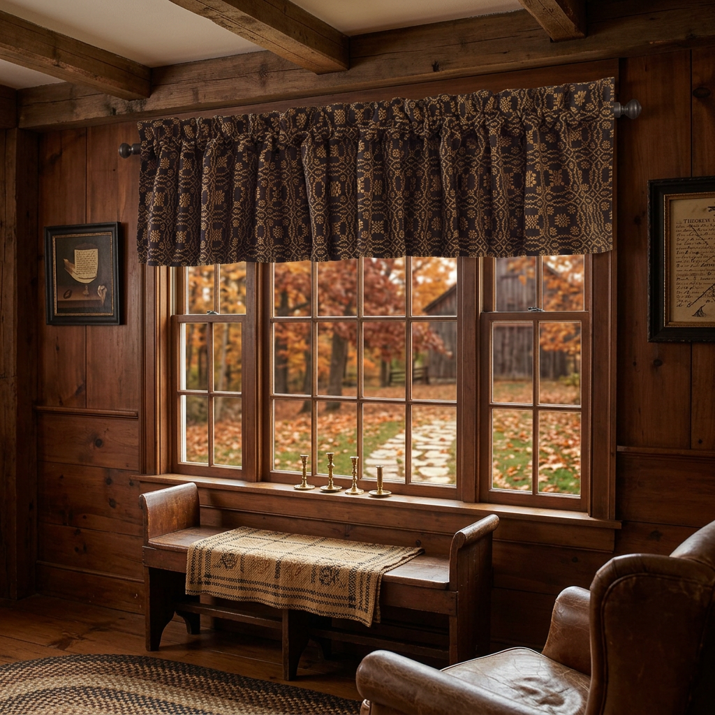 Black and mustard Lover’s Knot jacquard valance above a wide window in a wood-paneled room overlooking autumn trees.