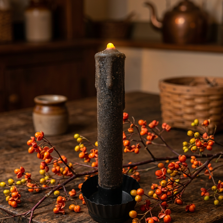 A dark textured pillar candle in a black holder sits on a rustic wooden table, surrounded by orange and yellow berry branches in a cozy indoor setting.
