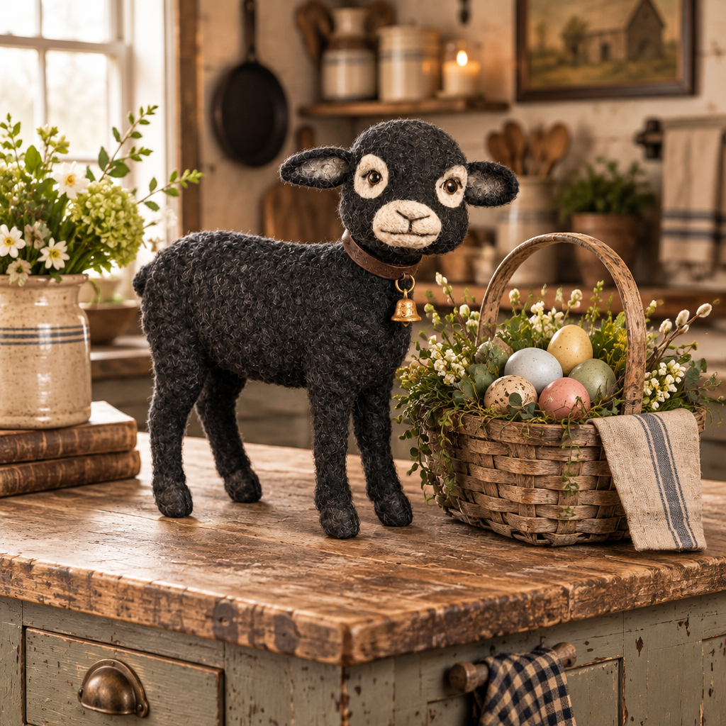 Papier mache black lamp with cow bell on a primitive table with an Easter Basket.