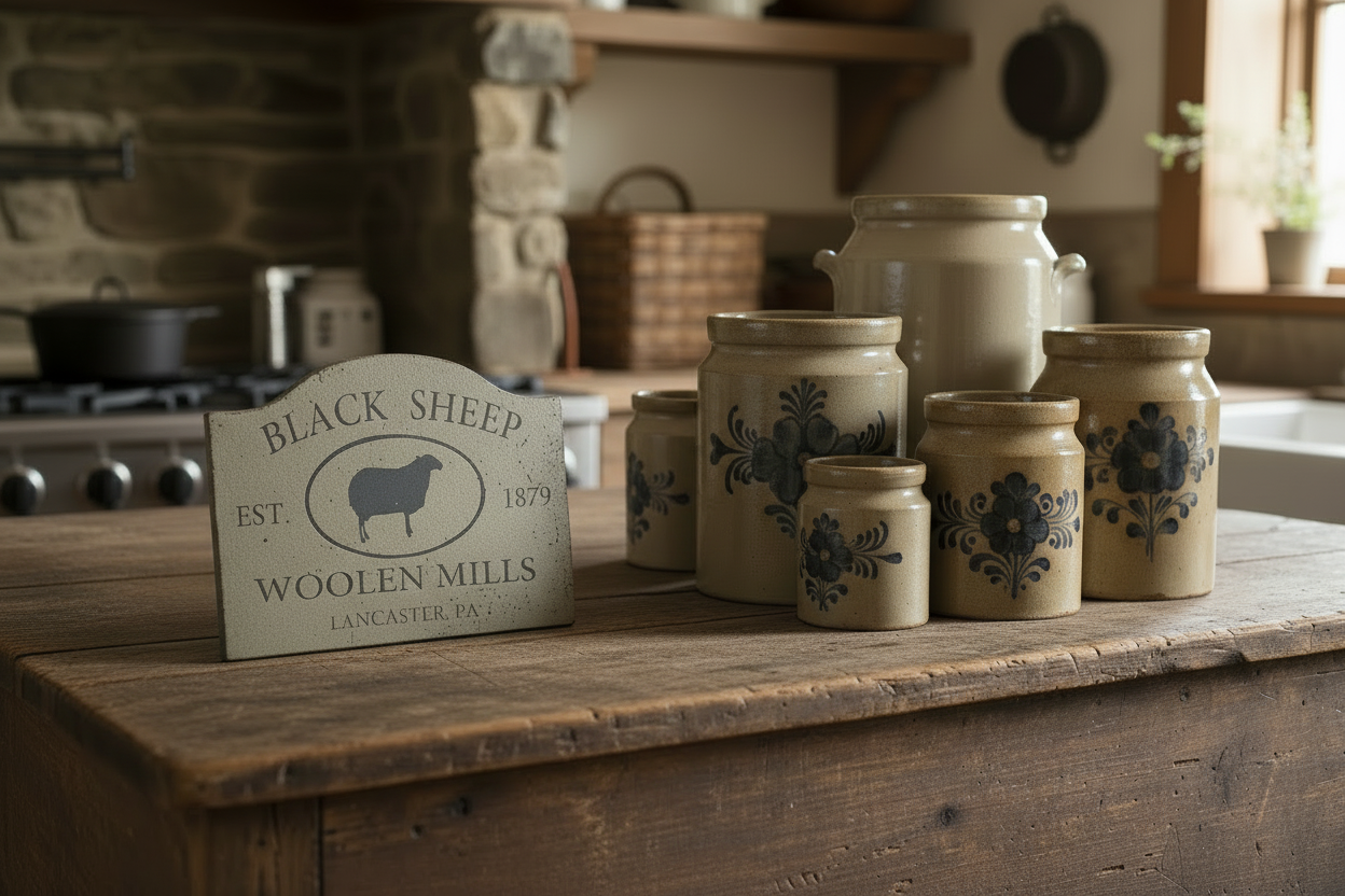 Decorative sign for Black Sheep Woolen Mills with ceramic jars on a wooden surface.
