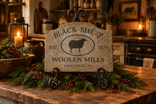 A rustic stone sign reading “BLACK SHEEP WOOLEN MILLS” with a black sheep silhouette and “EST. 1879” “LANCASTER, PA” displayed on a wooden table in a warmly lit farmhouse-style kitchen with holiday greenery and candles.