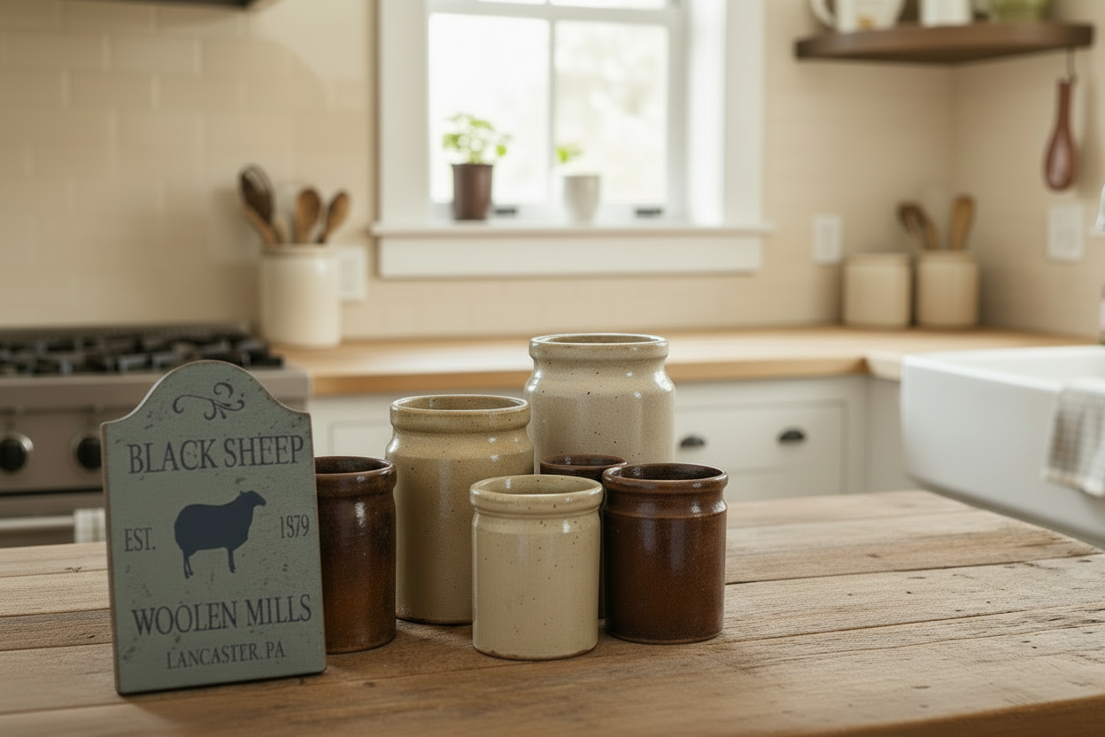 Decorative sign with a sheep design on a kitchen counter with jars.