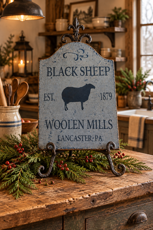 A rustic decorative sign reading “BLACK SHEEP WOOLEN MILLS EST. 1879 LANCASTER: PA” with a black sheep silhouette, displayed on a wooden cabinet in a warmly lit farmhouse-style room with greenery and candles.