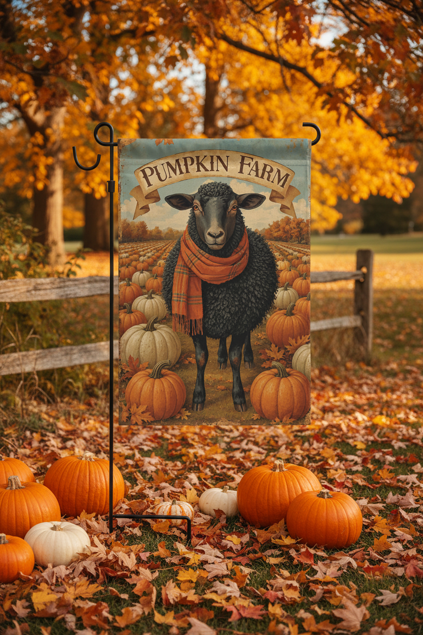 A decorative garden flag on a black metal stand, featuring a black sheep wearing an orange scarf among pumpkins with the text 'PUMPKIN FARM'. The flag is displayed outdoors in a fall yard with pumpkins, fallen leaves, and autumn trees in the background.