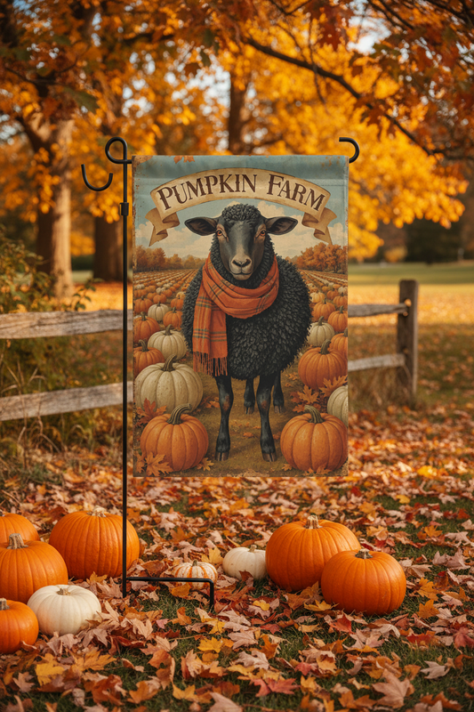 A decorative garden flag on a black metal stand, featuring a black sheep wearing an orange scarf among pumpkins with the text 'PUMPKIN FARM'. The flag is displayed outdoors in a fall yard with pumpkins, fallen leaves, and autumn trees in the background.