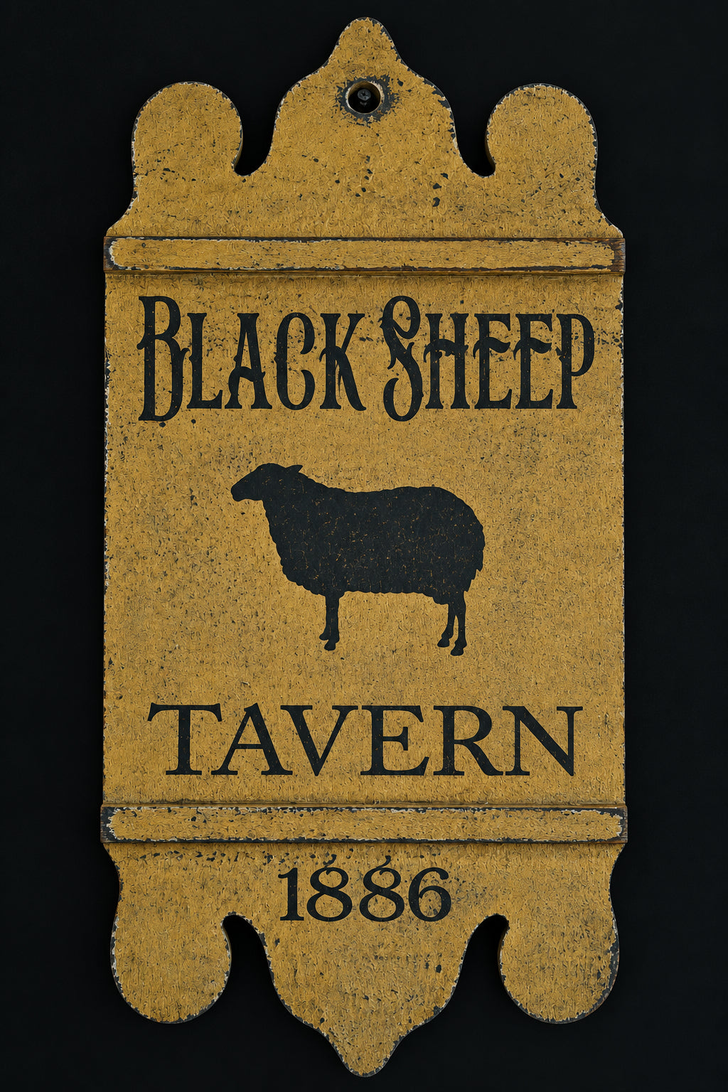 A rustic wooden hanging sign for 'Black Sheep Tavern' with a distressed tan finish and dark lettering, featuring a sheep silhouette and the year '1886' on a dark background.