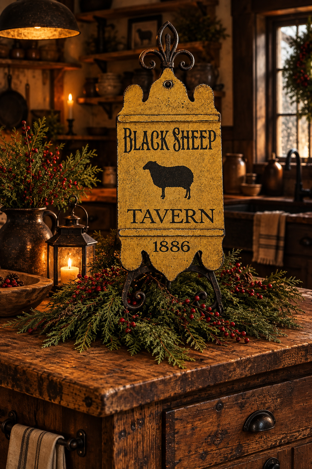 A rustic wooden sign reading 'BLACK SHEEP TAVERN 1886' with a black sheep silhouette, displayed on a wooden counter in a warmly lit, decorated tavern interior.