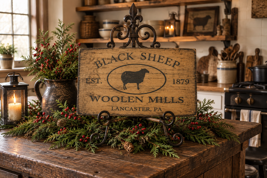 A rustic wooden sign reading 'BLACK SHEEP WOOLEN MILLS EST. 1879 LANCASTER, PA' with a sheep silhouette, displayed on a wooden table in a decorated farmhouse-style room with candles, greenery, and red berries.