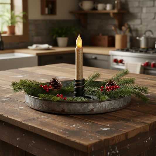 Black spiral candle holder with taper candle in old tin tray with fresh greens and berries on kitchen island.