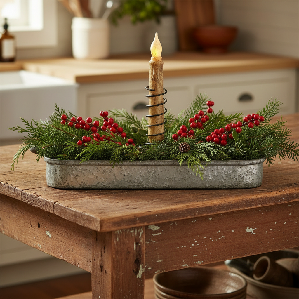 Decorative arrangement with candles and greenery on a wooden table in a kitchen setting