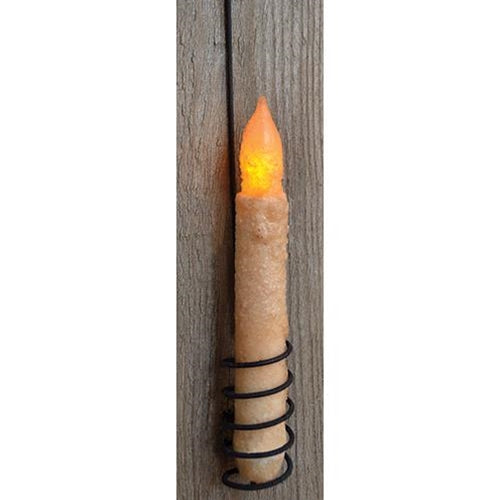 A black spiral taper hanger with a square-topped black wire and a spiral holder at the base, displaying an LED candle.