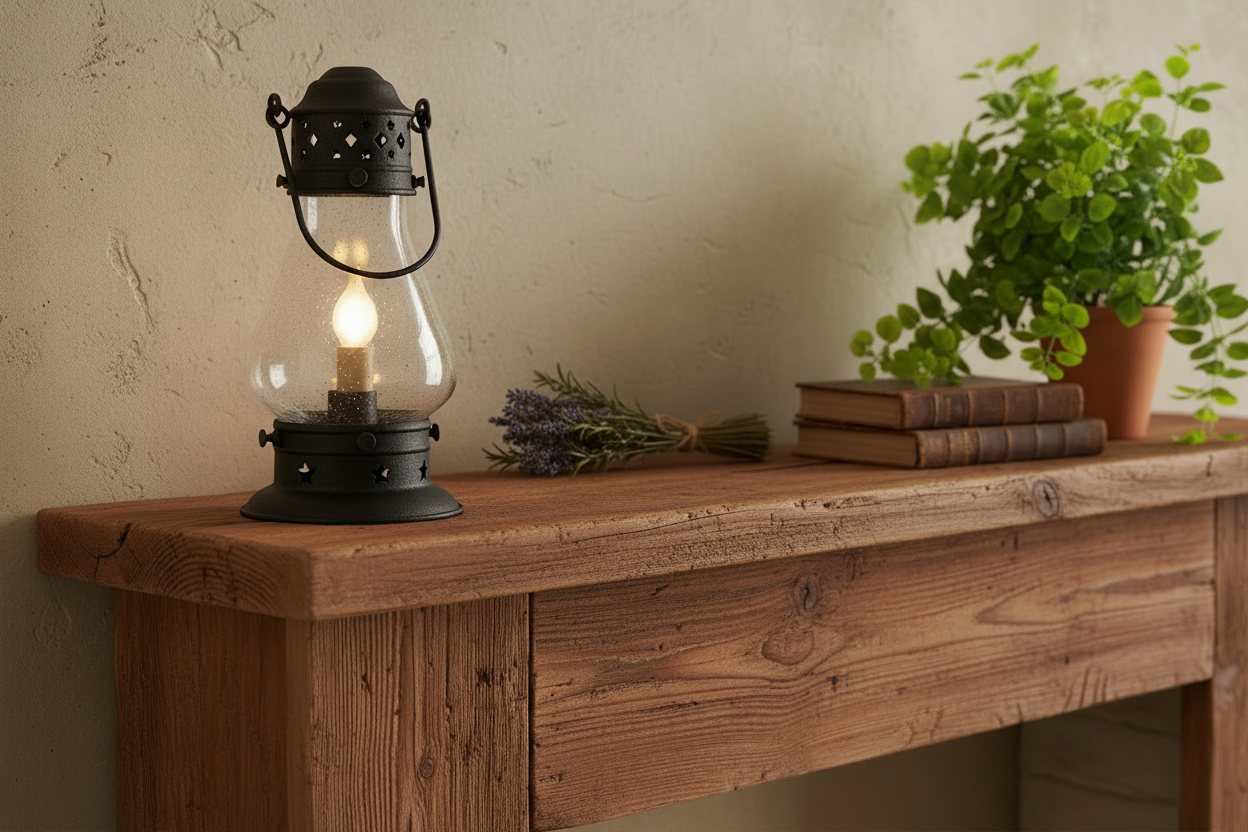 Vintage-style lantern on a wooden surface with a neutral background
