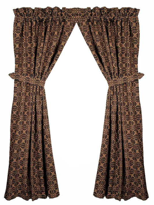 Pair of brown patterned curtains on a white background