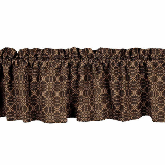 Patterned curtain valance on a white background