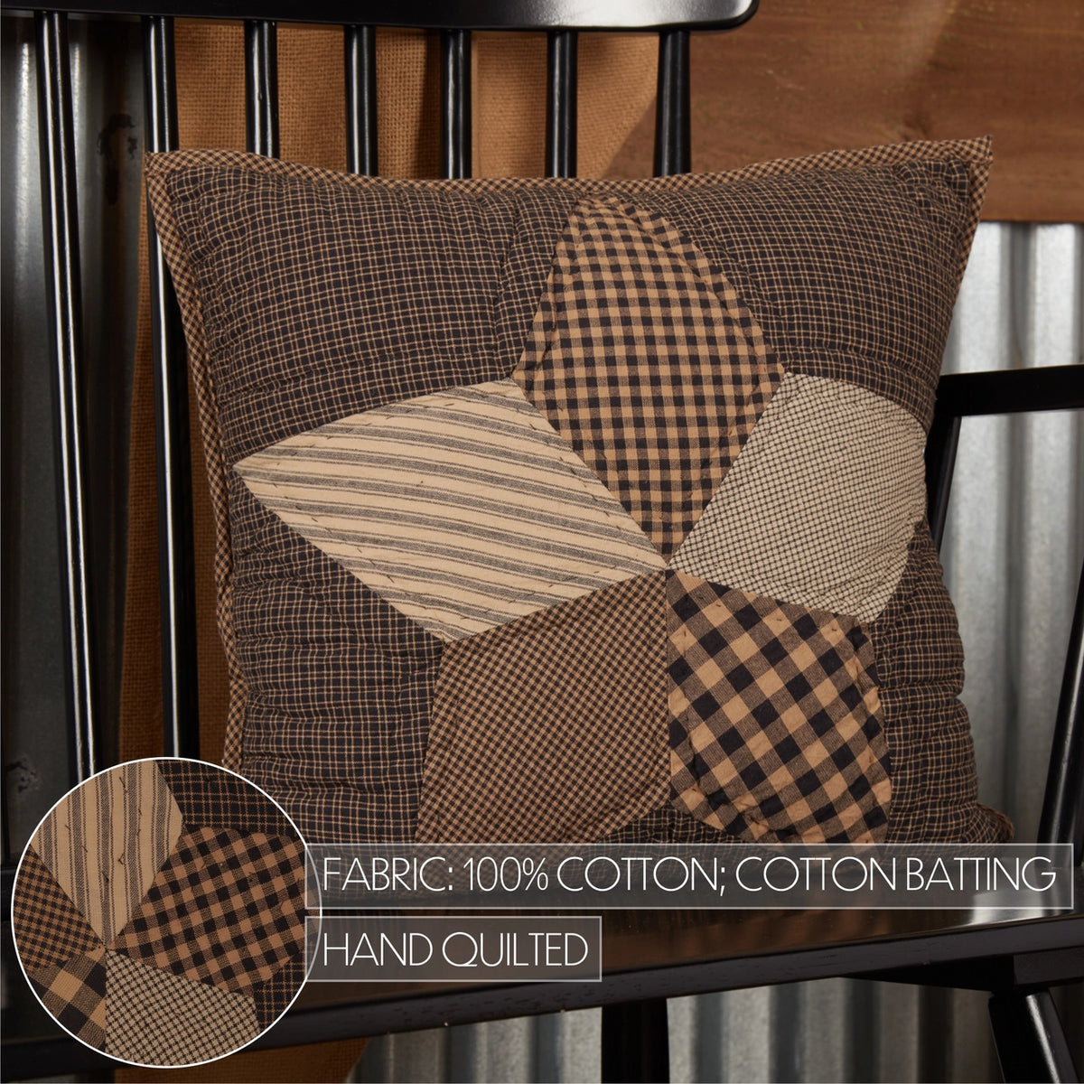 Black and tan patchwork star pillow with fabric detail inset and text noting 100% cotton, cotton batting, and hand quilting.