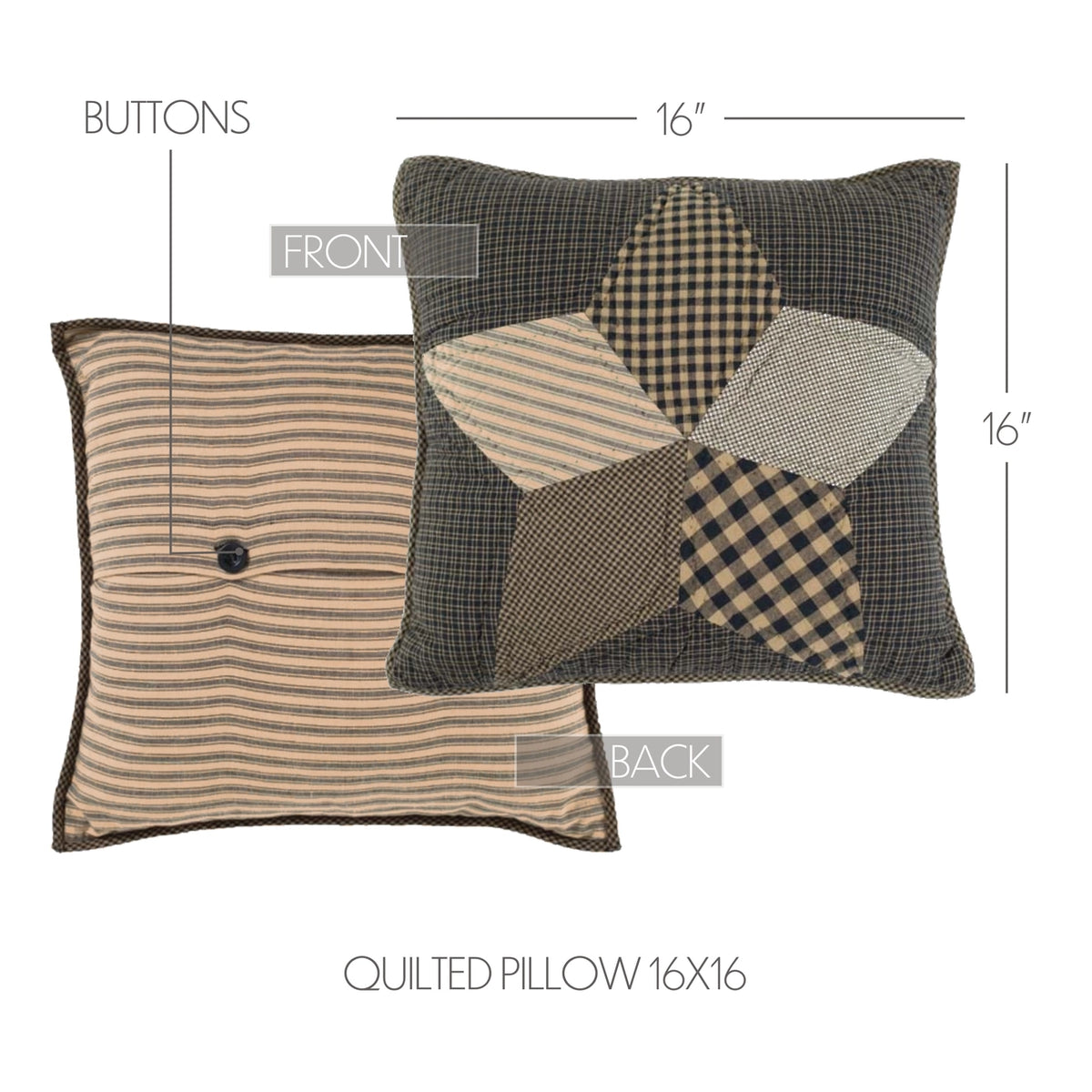 Front and back of a 16-by-16-inch patchwork star pillow, showing its tan striped backing and button closure.