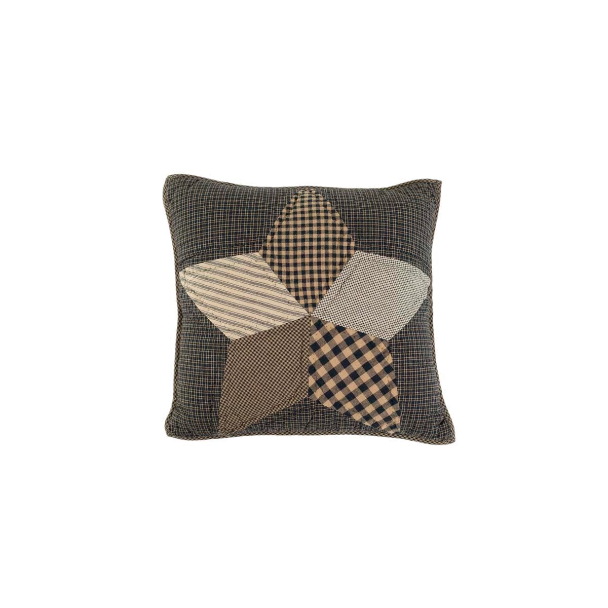 Front view of a black and tan pillow with a large star made from assorted checked and striped fabric patches.