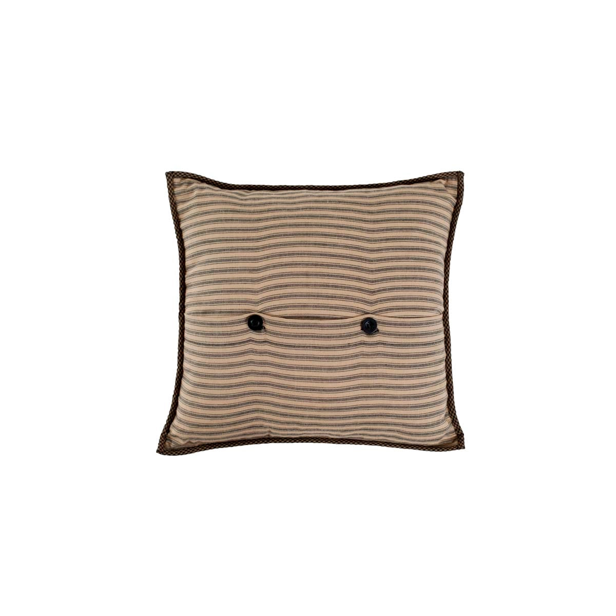 Back view of the farmhouse star pillow with tan and black horizontal stripes, dark edging, and two black buttons.