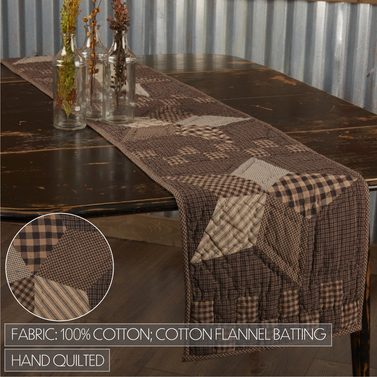 Farmhouse Star table runner styled with glass vases; inset shows 100% cotton fabric with cotton flannel batting and hand quilting.