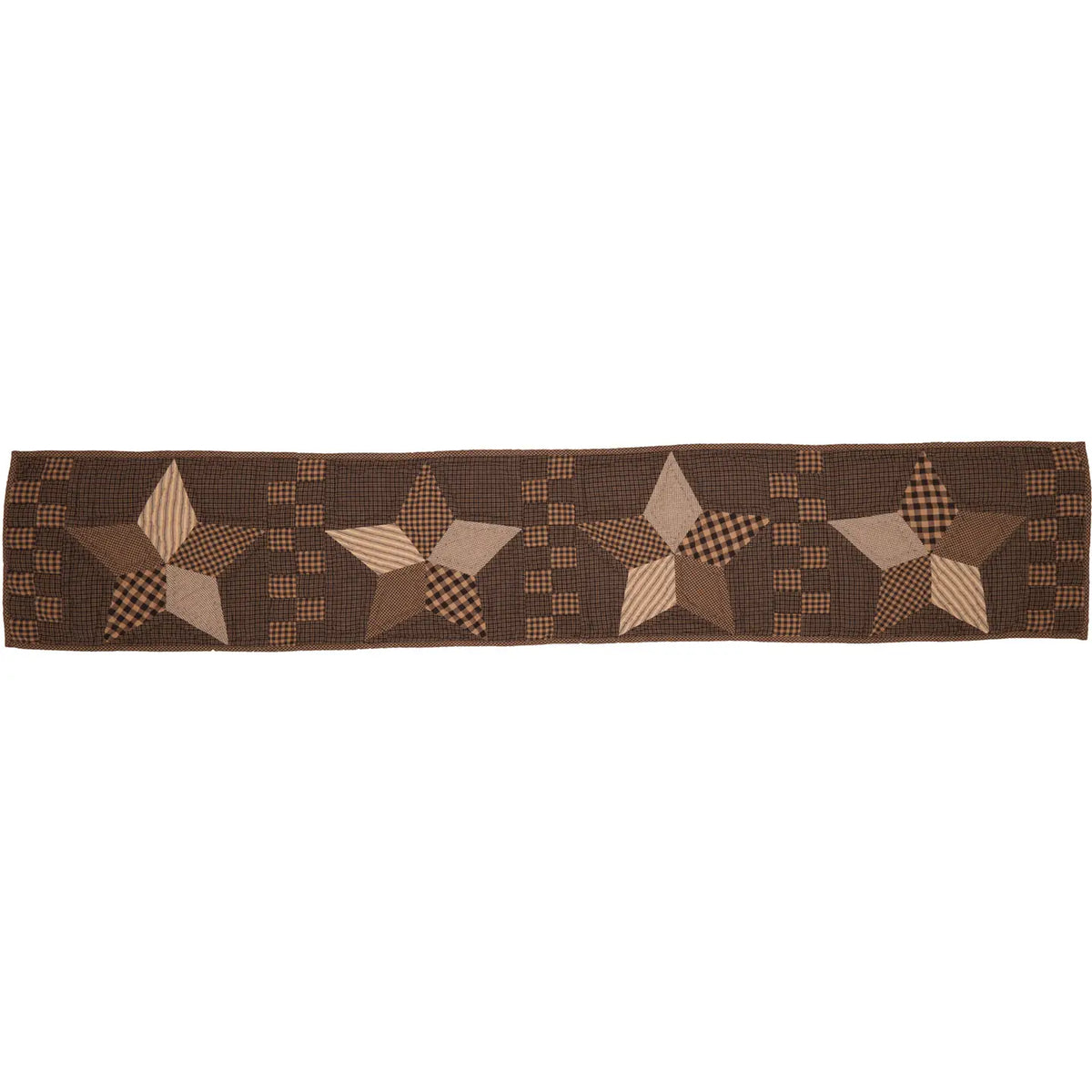 Full front view of the Black Tan Farmhouse Star table runner with four patchwork stars and checkerboard accents.