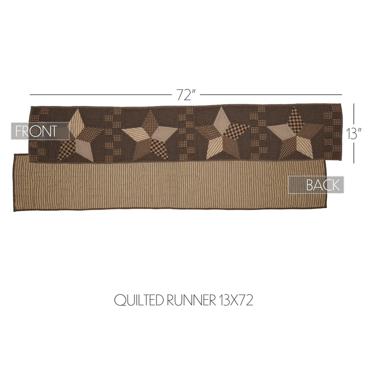 Front and back views of the quilted Farmhouse Star table runner, measuring 13 inches wide by 72 inches long.