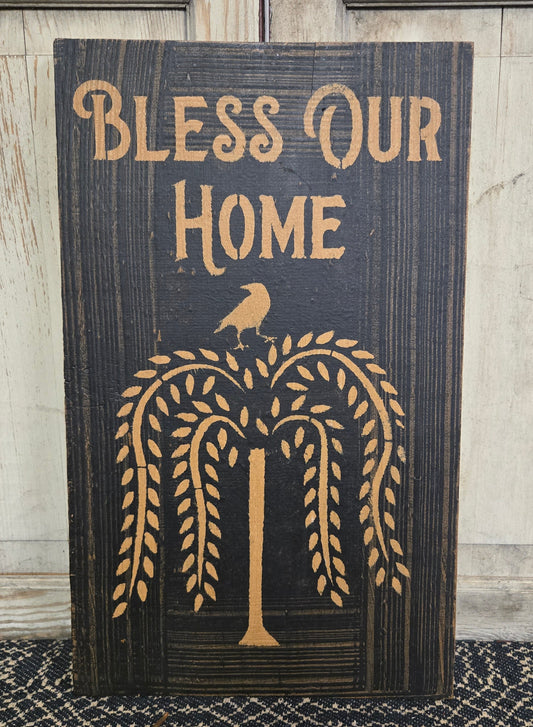 Comb painted wooden sign with a willow tree motive and the words 'BLESS OUR HOME'
