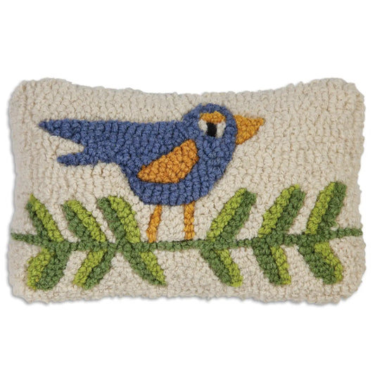 Blue Bird On A Branch Hooked Pillow