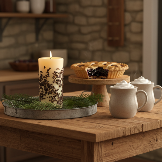 Candle, pies, and mugs on a wooden table with a stone wall background