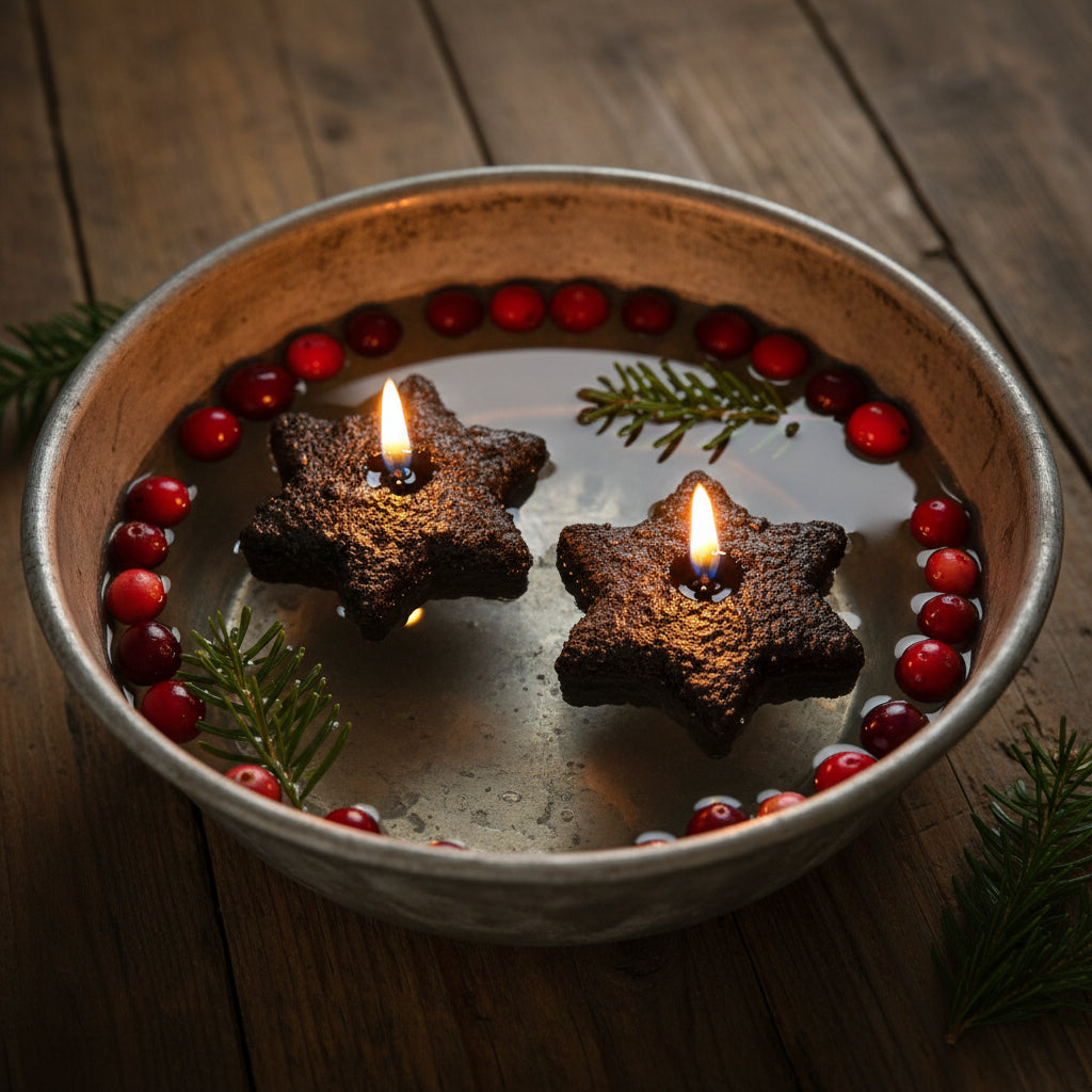 Two star-shaped candles floating in a bowl with berries and greenery on a wooden surface