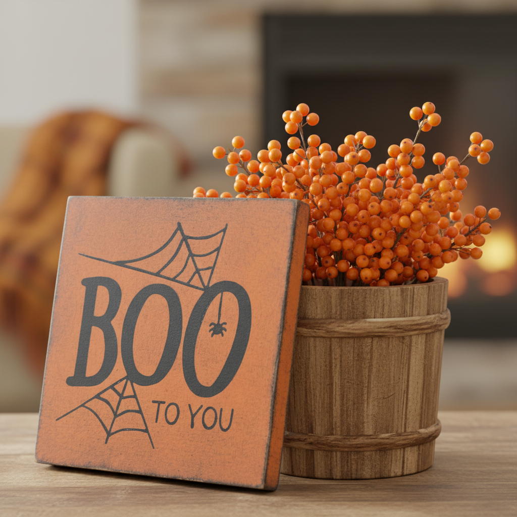 Wood block with words "Boo to You" leaned up against a bucket of bittersweet.