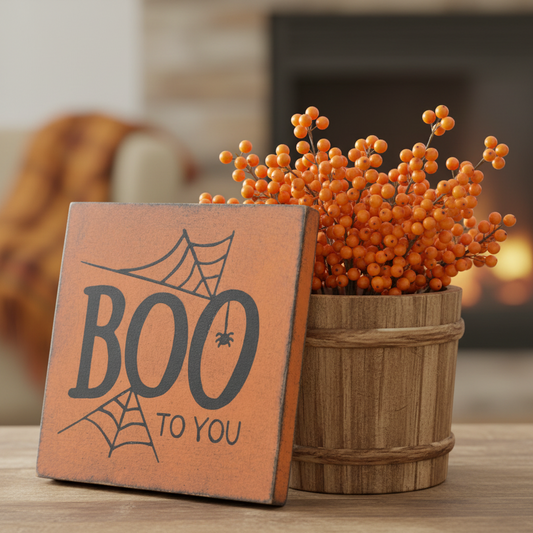 Wood block with words "Boo to You" leaned up against a bucket of bittersweet.