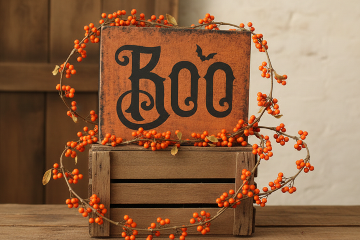 Boo wooden block on wood crate with bittersweet.