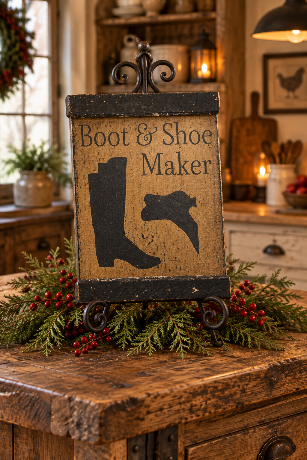 A rustic wooden sign reading 'Boot & Shoe Maker' with black boot and shoe silhouettes, displayed on a black metal easel stand on a wooden table in a decorated home interior.