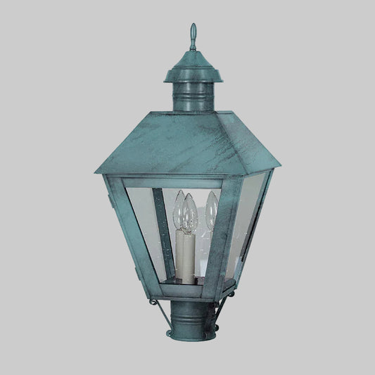 Vintage-style outdoor lamp with a metallic finish on a white background