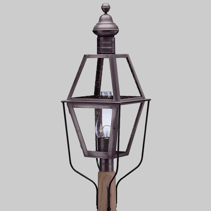 Decorative outdoor lamp with clear glass shade on a gray background