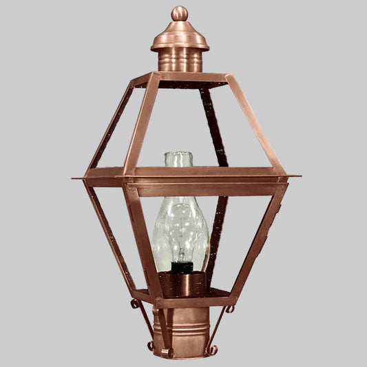 Copper outdoor lamp with clear glass shade on a gray background
