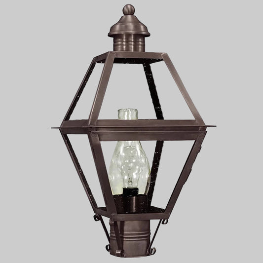 Decorative outdoor lamp with clear glass shade on a gray background