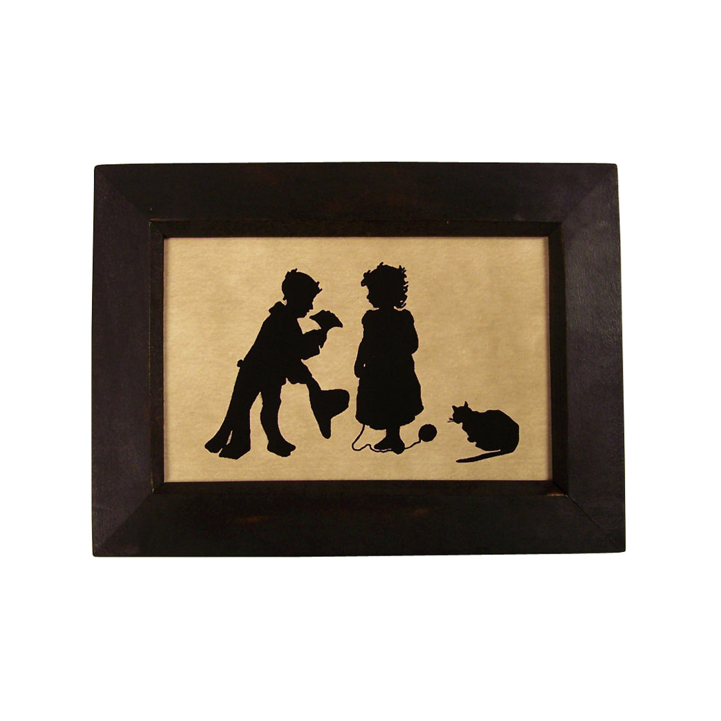 A black frame silhouette of a boy giving flowers to a girl, with a cat sitting down in the foreground.