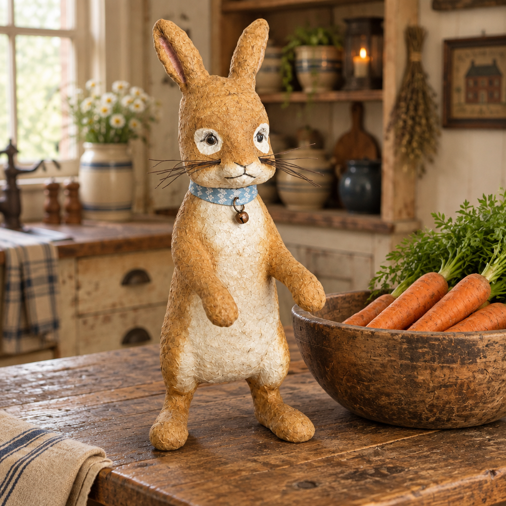 Bunny in primitive kitchen next to a wooden bowl of carrots on a sunny day.