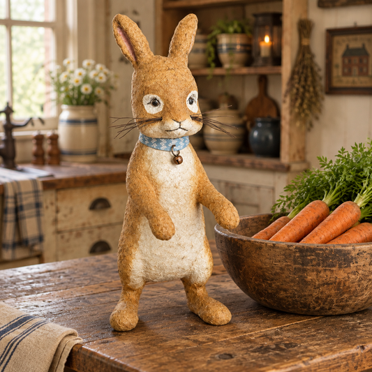 Bunny in primitive kitchen next to a wooden bowl of carrots on a sunny day.