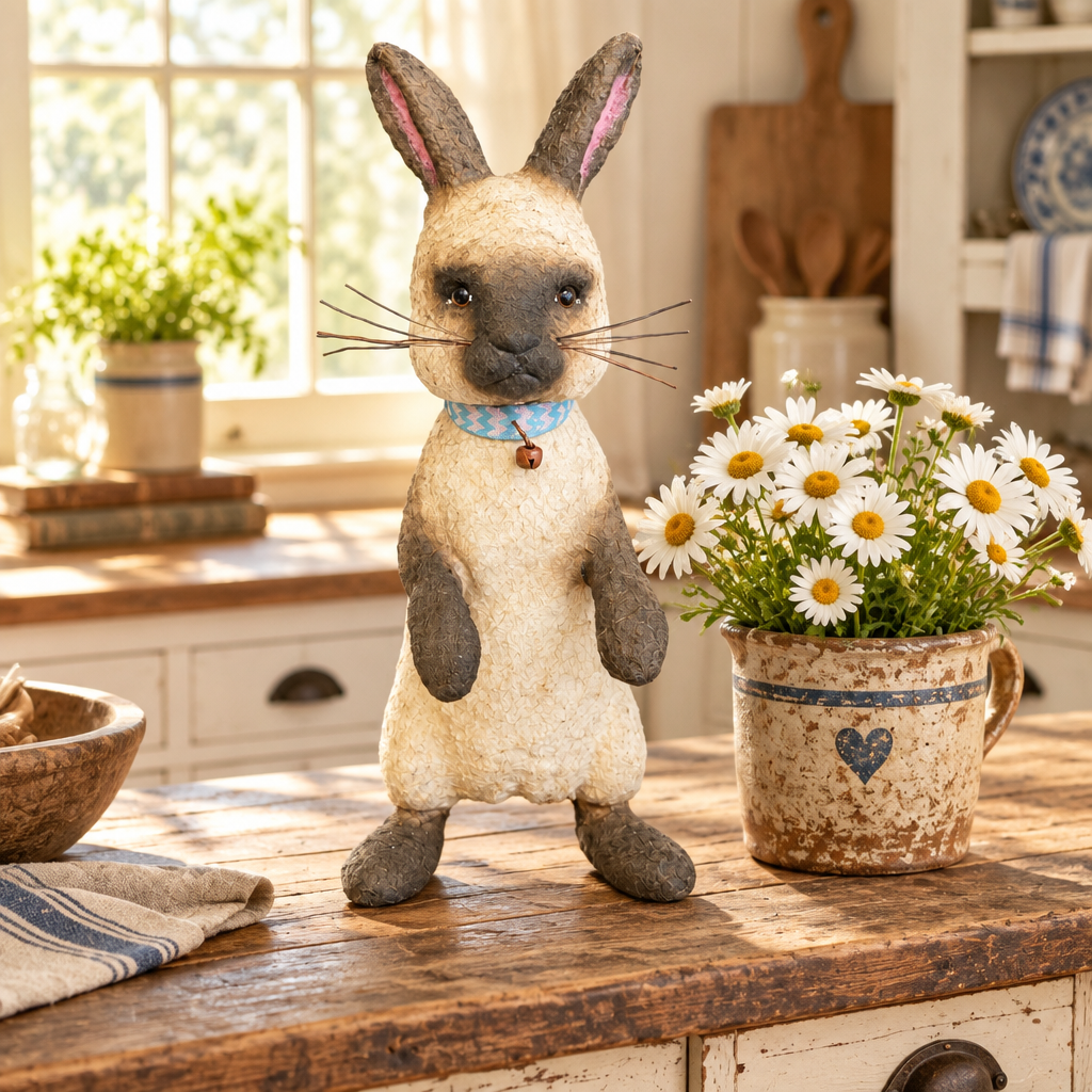 A plush rabbit figurine with long ears, dark gray paws and face, and a blue patterned collar stands on a rustic wooden kitchen counter next to a ceramic mug filled with white daisy flowers.