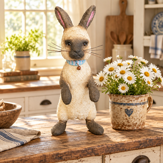 A plush rabbit figurine with long ears, dark gray paws and face, and a blue patterned collar stands on a rustic wooden kitchen counter next to a ceramic mug filled with white daisy flowers.