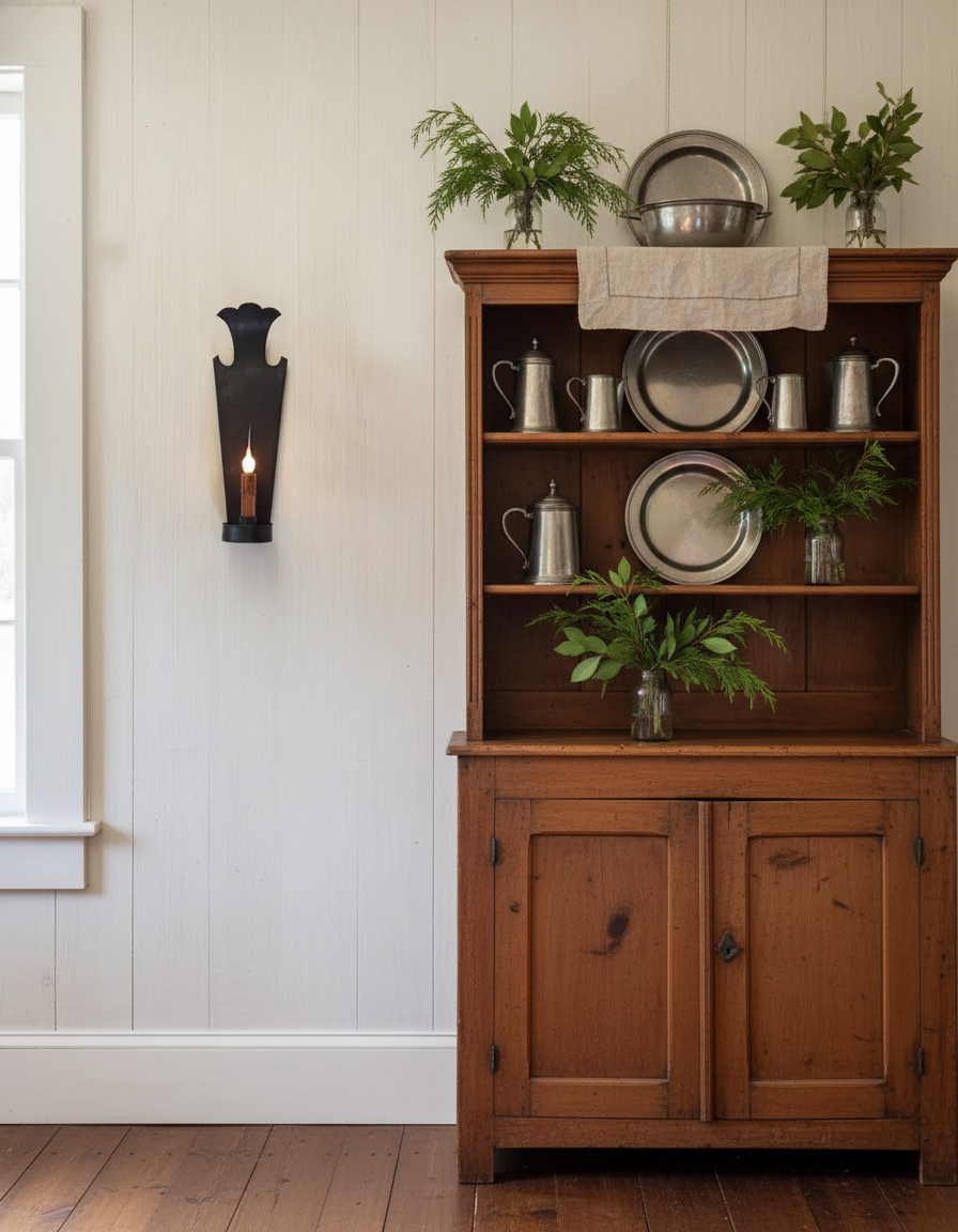 Sconce next to a wooden cabinet with decorative items against a white wall