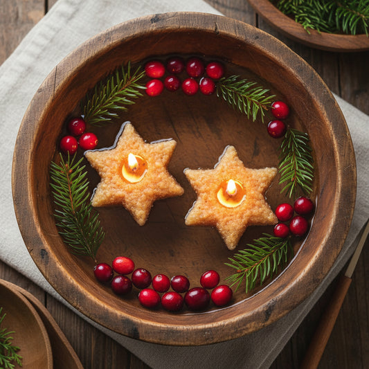 Star-shaped floating candle in a wooden bowl with fresh cranberries and greens