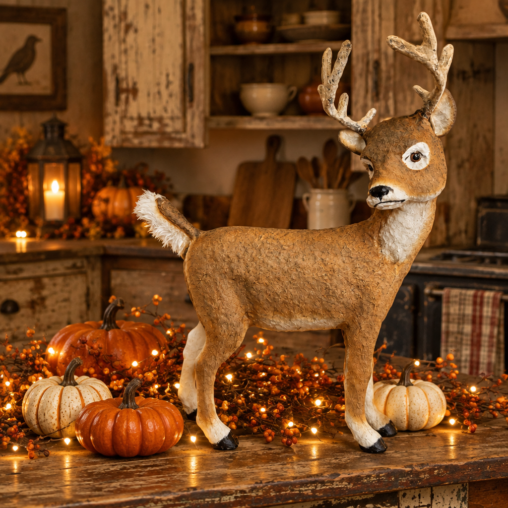 Papier mache buck in a primitive kitchen with pumpkins, bittersweet, and rice lights.