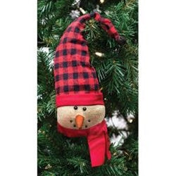 Buffalo check snowman ornament hanging on Christmas tree